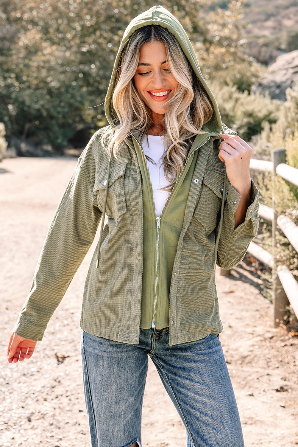 Laurel Green Two In One Thermal Knit Textured Hooded Jacket For Women Winter Outerwear Dear-Lover Dropshipping